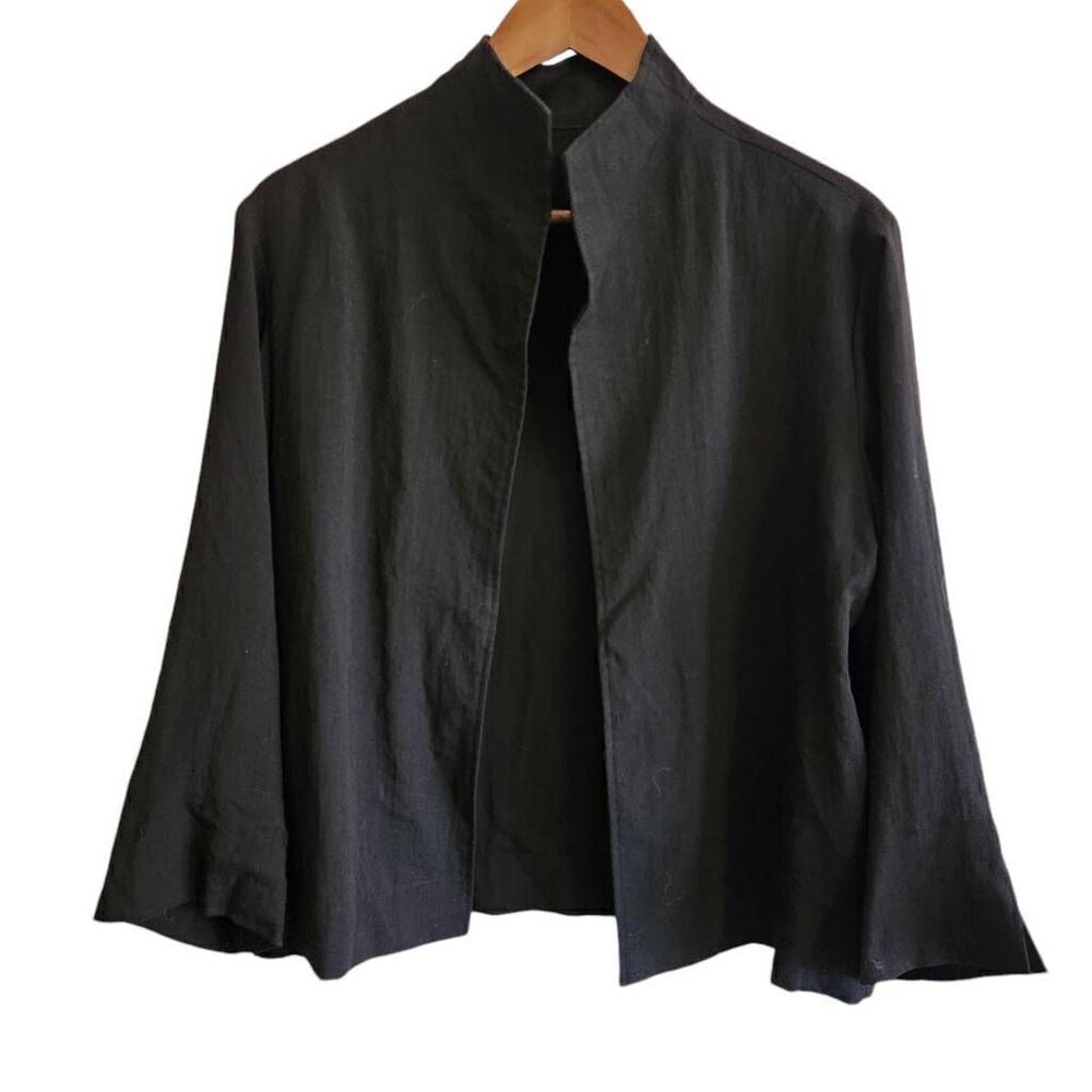 Fridaze Jacket Blazer Cardigan Womens Small 100% Linen Open Front Black Careerwe